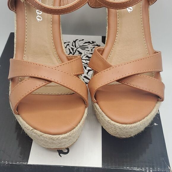 Weeboo Tan Mid High Heel Wedge Strappy Buckle Espadrille Sandals Size 7.5 - Picture 16 of 17